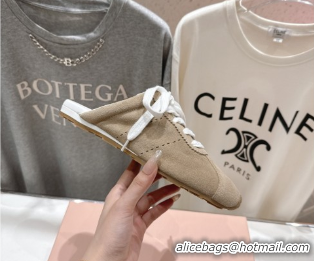 Expensive Miu Miu Plumet Suede Flat Sneaker Mules Beige 2025 MIU060303