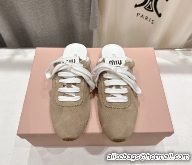 Expensive Miu Miu Plumet Suede Flat Sneaker Mules Beige 2025 MIU060303