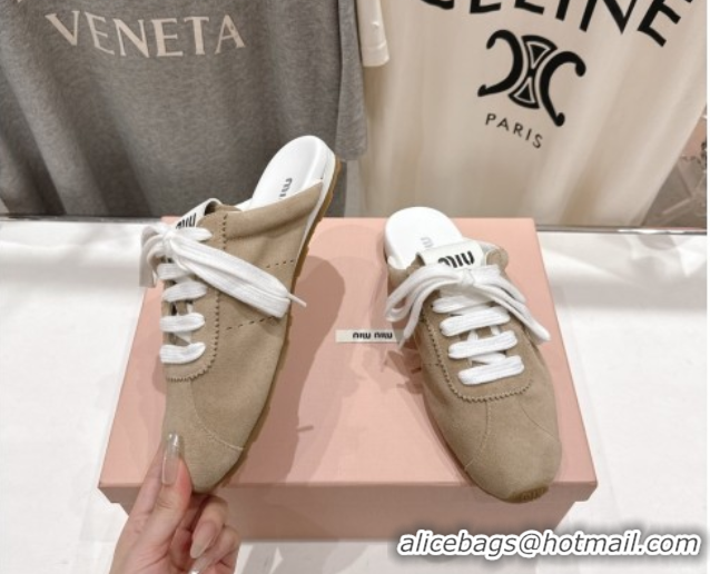 Expensive Miu Miu Plumet Suede Flat Sneaker Mules Beige 2025 MIU060303