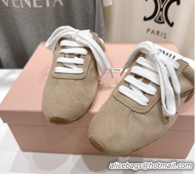 Expensive Miu Miu Plumet Suede Flat Sneaker Mules Beige 2025 MIU060303