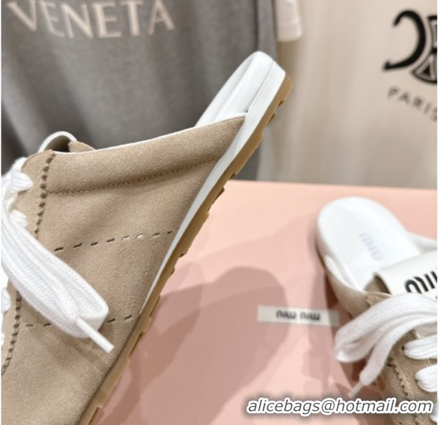 Expensive Miu Miu Plumet Suede Flat Sneaker Mules Beige 2025 MIU060303