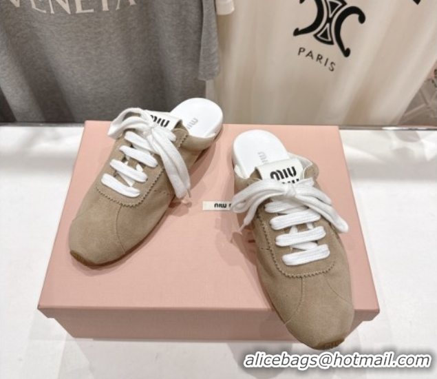 Expensive Miu Miu Plumet Suede Flat Sneaker Mules Beige 2025 MIU060303