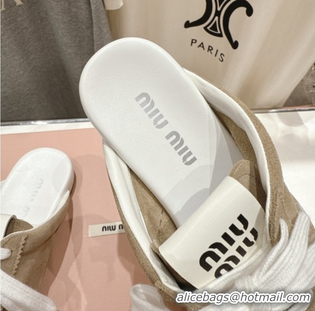 Expensive Miu Miu Plumet Suede Flat Sneaker Mules Beige 2025 MIU060303