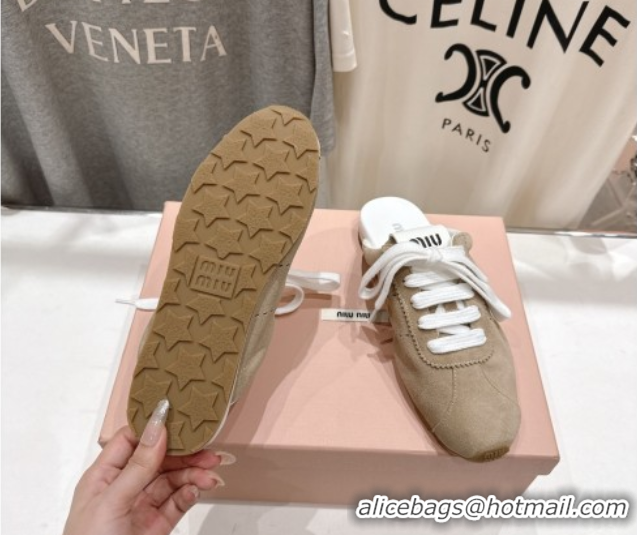 Expensive Miu Miu Plumet Suede Flat Sneaker Mules Beige 2025 MIU060303
