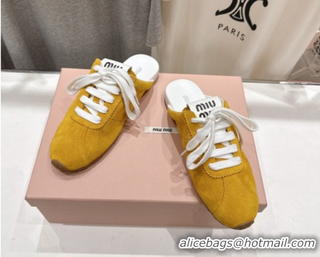Durable Miu Miu Plumet Suede Flat Sneaker Mules Yellow 2025 MIU060303