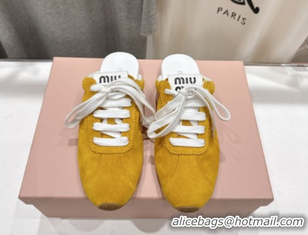 Durable Miu Miu Plumet Suede Flat Sneaker Mules Yellow 2025 MIU060303