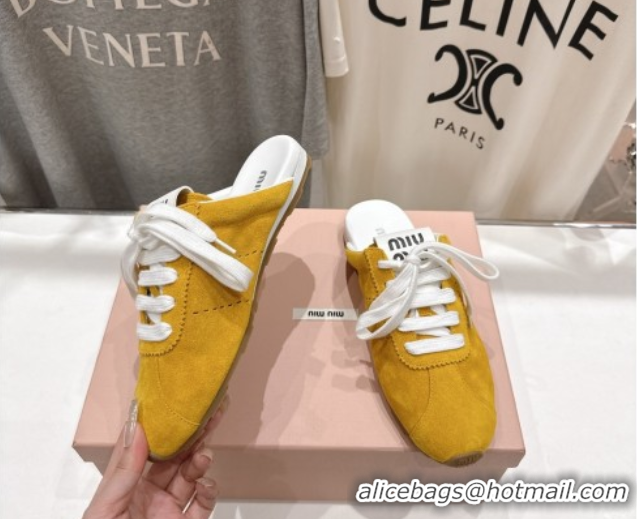 Durable Miu Miu Plumet Suede Flat Sneaker Mules Yellow 2025 MIU060303