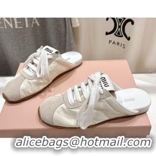 Popular Style Miu Miu Plumet Suede and Fabric Flat Sneaker Mules White 2025 MIU060303