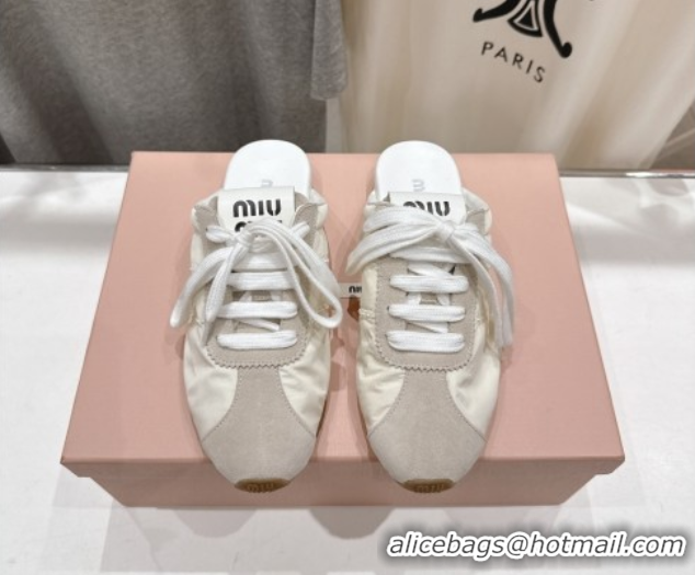 Popular Style Miu Miu Plumet Suede and Fabric Flat Sneaker Mules White 2025 MIU060303