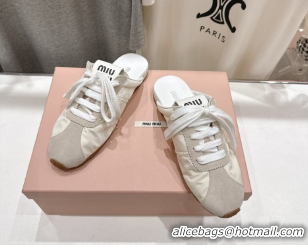 Popular Style Miu Miu Plumet Suede and Fabric Flat Sneaker Mules White 2025 MIU060303