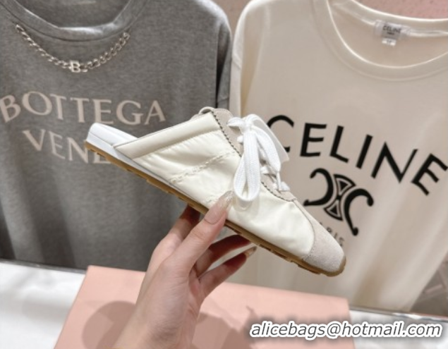Popular Style Miu Miu Plumet Suede and Fabric Flat Sneaker Mules White 2025 MIU060303