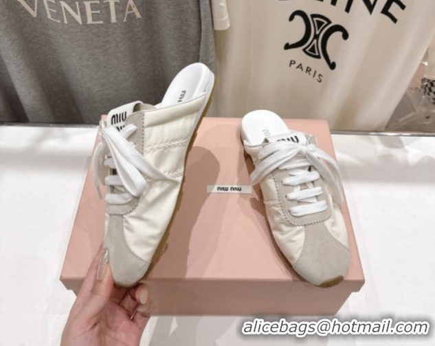Popular Style Miu Miu Plumet Suede and Fabric Flat Sneaker Mules White 2025 MIU060303