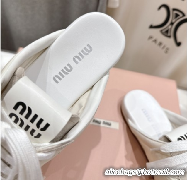 Popular Style Miu Miu Plumet Suede and Fabric Flat Sneaker Mules White 2025 MIU060303