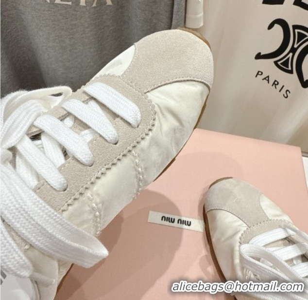 Popular Style Miu Miu Plumet Suede and Fabric Flat Sneaker Mules White 2025 MIU060303