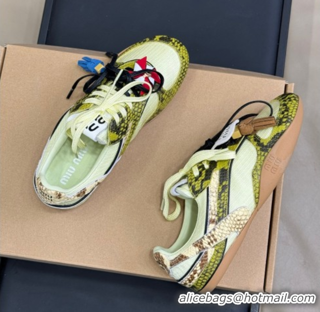 Duplicate Miu Miu Gymnasium Sneakers in Snakeskin Embossed Leather and Knit Yellow 50603116