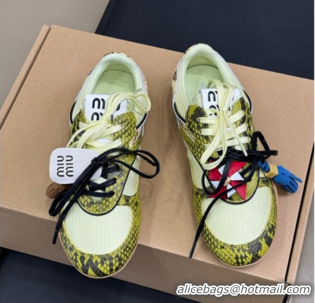 Duplicate Miu Miu Gymnasium Sneakers in Snakeskin Embossed Leather and Knit Yellow 50603116