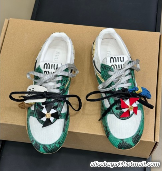 Hot Style Miu Miu Gymnasium Sneakers in Snakeskin Embossed Leather and Knit Green 50603117