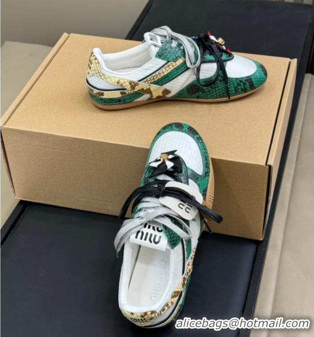 Hot Style Miu Miu Gymnasium Sneakers in Snakeskin Embossed Leather and Knit Green 50603117