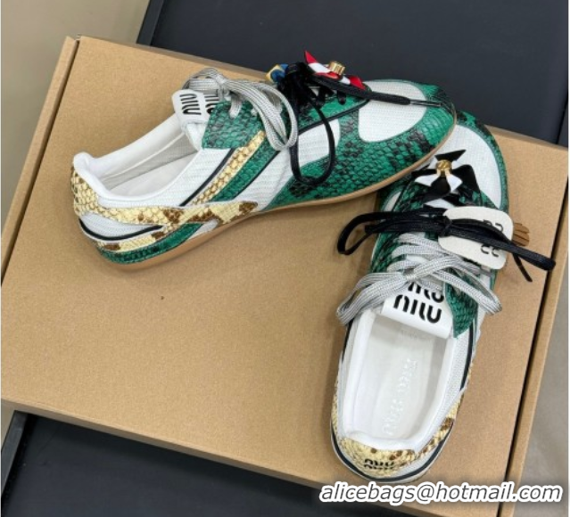 Hot Style Miu Miu Gymnasium Sneakers in Snakeskin Embossed Leather and Knit Green 50603117