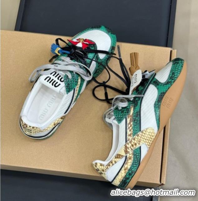Hot Style Miu Miu Gymnasium Sneakers in Snakeskin Embossed Leather and Knit Green 50603117