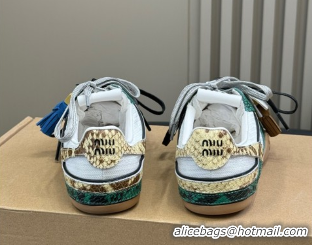 Hot Style Miu Miu Gymnasium Sneakers in Snakeskin Embossed Leather and Knit Green 50603117