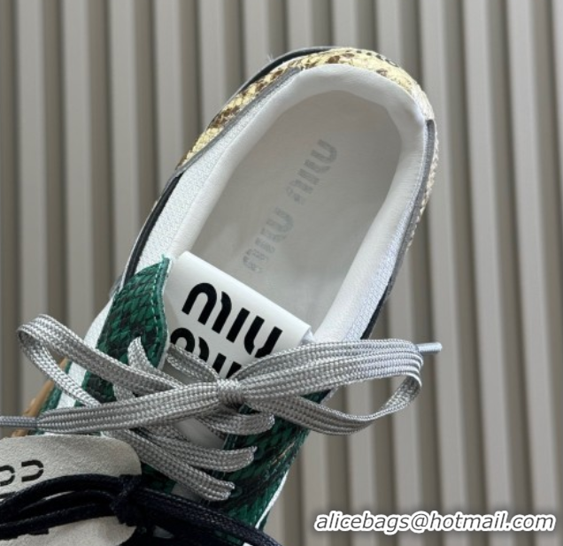 Hot Style Miu Miu Gymnasium Sneakers in Snakeskin Embossed Leather and Knit Green 50603117