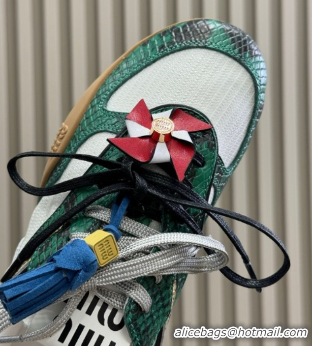 Hot Style Miu Miu Gymnasium Sneakers in Snakeskin Embossed Leather and Knit Green 50603117
