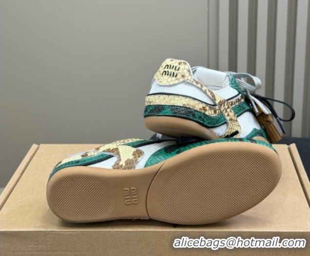 Hot Style Miu Miu Gymnasium Sneakers in Snakeskin Embossed Leather and Knit Green 50603117