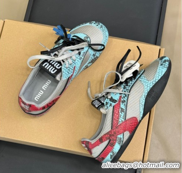 Best Price Miu Miu Gymnasium Sneakers in Snakeskin Embossed Leather and Knit Blue 50603118