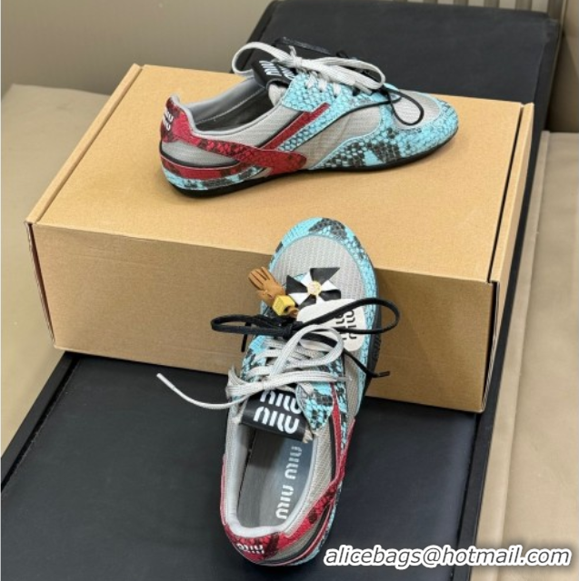 Best Price Miu Miu Gymnasium Sneakers in Snakeskin Embossed Leather and Knit Blue 50603118