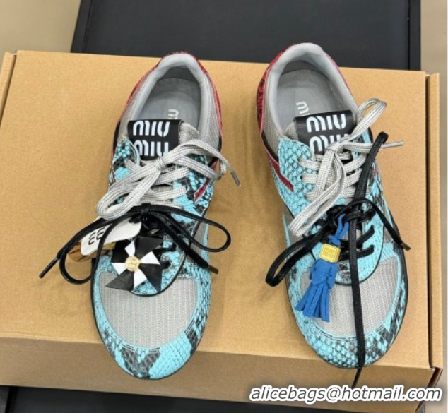 Best Price Miu Miu Gymnasium Sneakers in Snakeskin Embossed Leather and Knit Blue 50603118