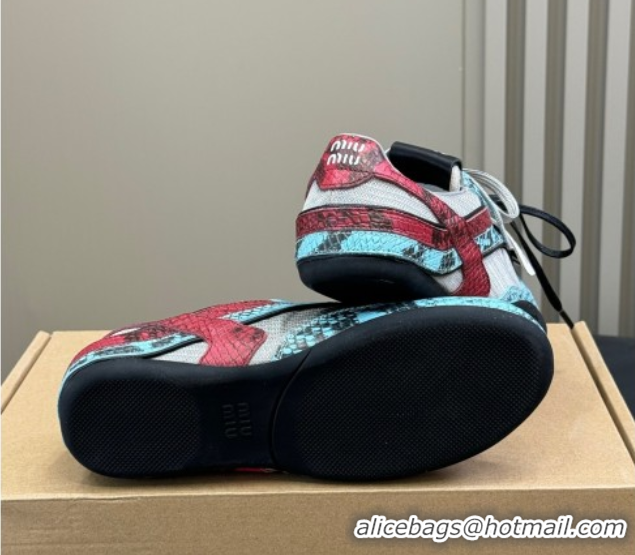 Best Price Miu Miu Gymnasium Sneakers in Snakeskin Embossed Leather and Knit Blue 50603118
