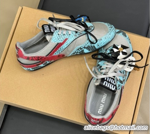 Best Price Miu Miu Gymnasium Sneakers in Snakeskin Embossed Leather and Knit Blue 50603118