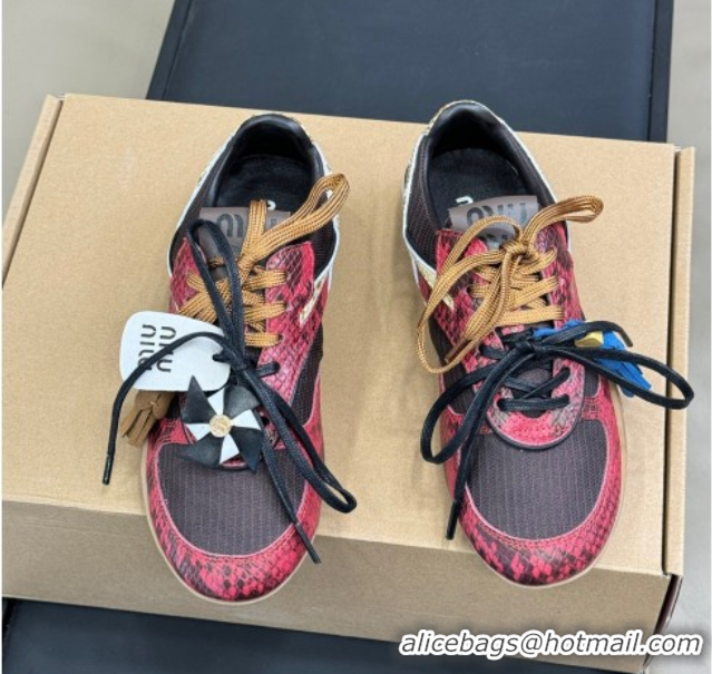 Luxurious Miu Miu Gymnasium Sneakers in Snakeskin Embossed Leather and Knit Red 50603120