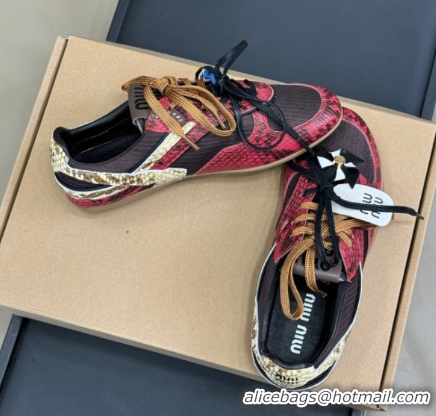 Luxurious Miu Miu Gymnasium Sneakers in Snakeskin Embossed Leather and Knit Red 50603120