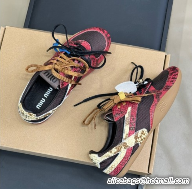 Luxurious Miu Miu Gymnasium Sneakers in Snakeskin Embossed Leather and Knit Red 50603120