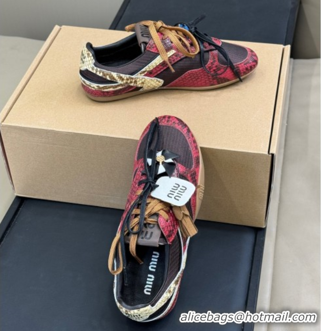 Luxurious Miu Miu Gymnasium Sneakers in Snakeskin Embossed Leather and Knit Red 50603120