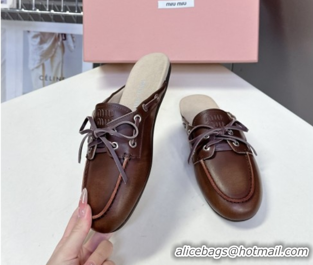 Low Price Miu Miu Faded Leather Sneaker Mules Brown 2025 5D455E
