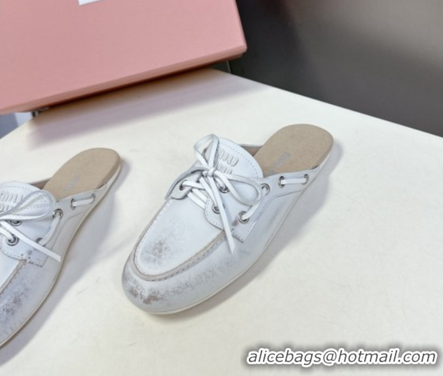 Top Design Miu Miu Faded Leather Sneaker Mules White 2025 5D455E