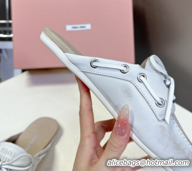 Top Design Miu Miu Faded Leather Sneaker Mules White 2025 5D455E