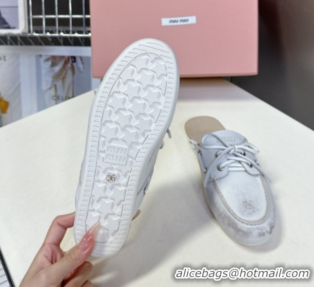 Top Design Miu Miu Faded Leather Sneaker Mules White 2025 5D455E
