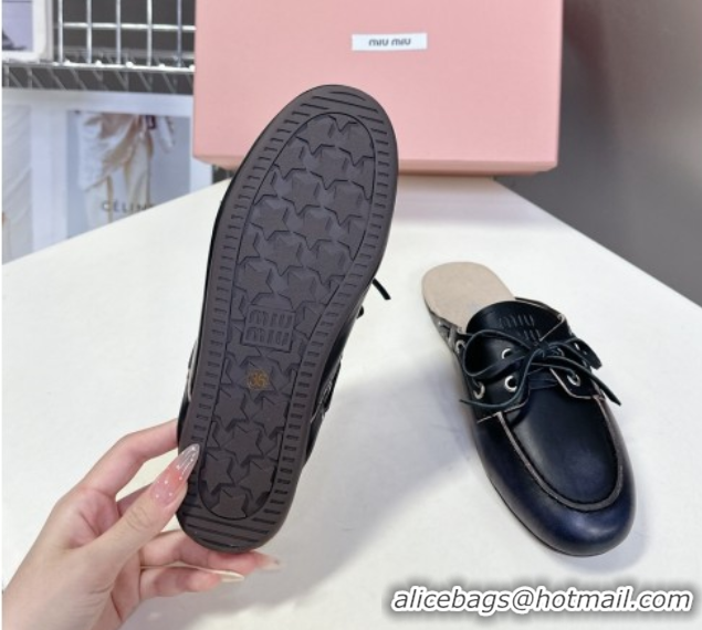 Luxury Miu Miu Faded Leather Sneaker Mules Black 2025 5D455E