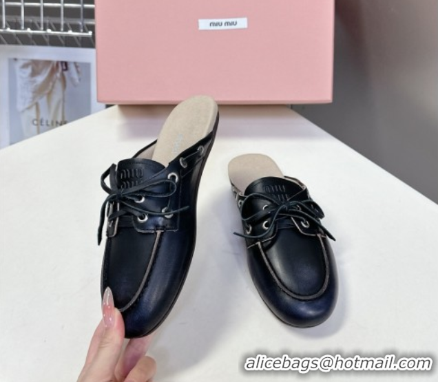 Luxury Miu Miu Faded Leather Sneaker Mules Black 2025 5D455E