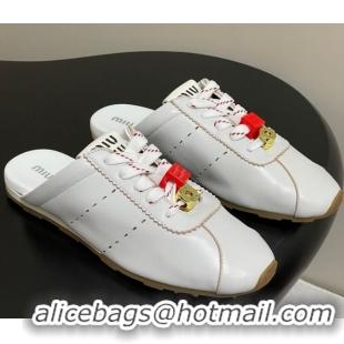Grade Quality Miu Miu Plumet Leather Flat Sneaker Mules with Charm White 0603144