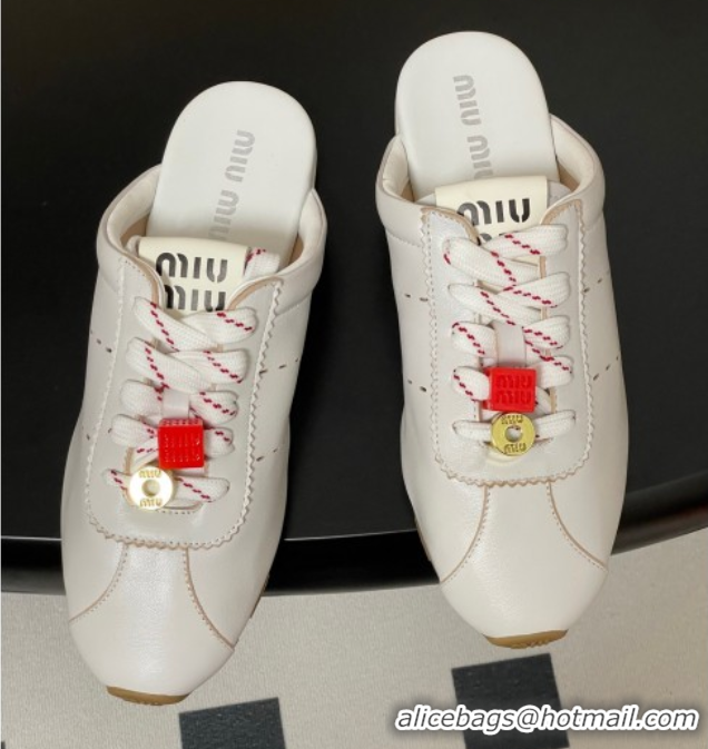 Grade Quality Miu Miu Plumet Leather Flat Sneaker Mules with Charm White 0603144