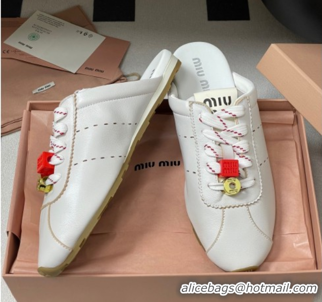 Grade Quality Miu Miu Plumet Leather Flat Sneaker Mules with Charm White 0603144