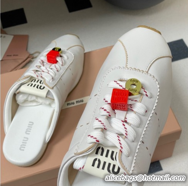 Grade Quality Miu Miu Plumet Leather Flat Sneaker Mules with Charm White 0603144