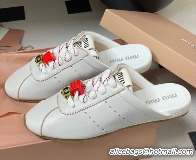 Grade Quality Miu Miu Plumet Leather Flat Sneaker Mules with Charm White 0603144