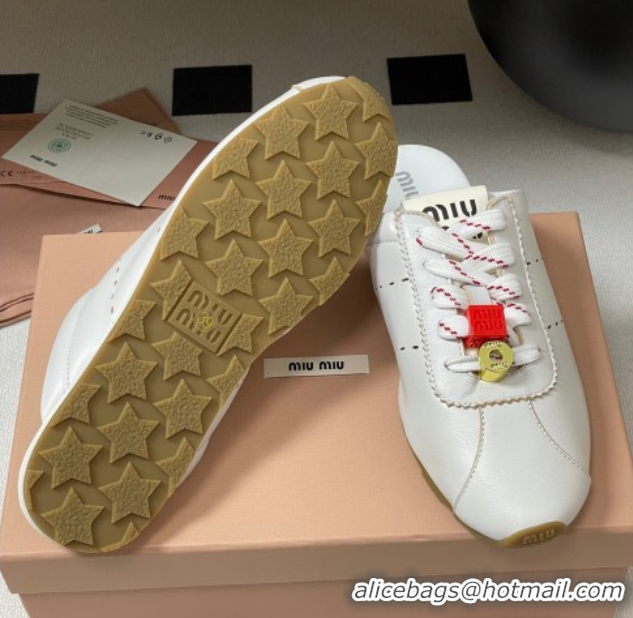 Grade Quality Miu Miu Plumet Leather Flat Sneaker Mules with Charm White 0603144