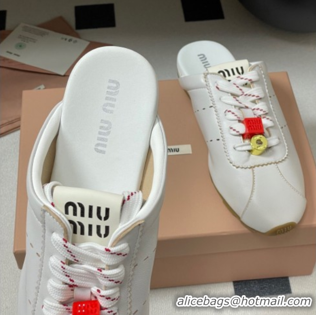 Grade Quality Miu Miu Plumet Leather Flat Sneaker Mules with Charm White 0603144